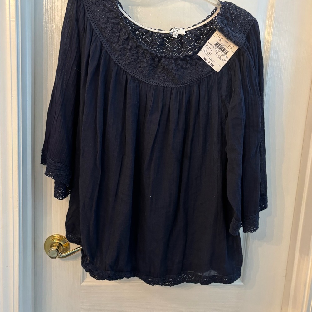 Crown & Ivy Deep Blue Lace Accent Blouse